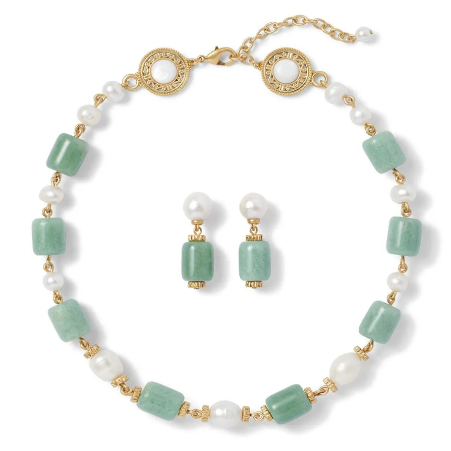 The Met Store Karavas Gems Large-Bead Aventurine and Pearl Necklace and Drop Earrings Set